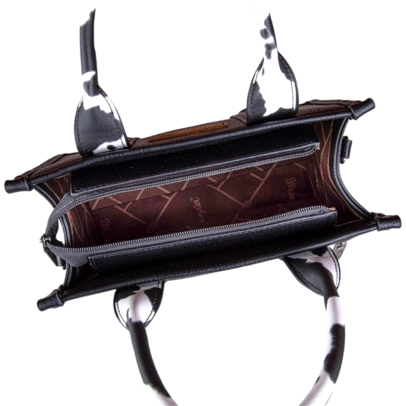 Wrangler Designer Vegan Leather Black Cow Print Crossbody, Tote, Handbag W/Strap - Picture 4 of 7